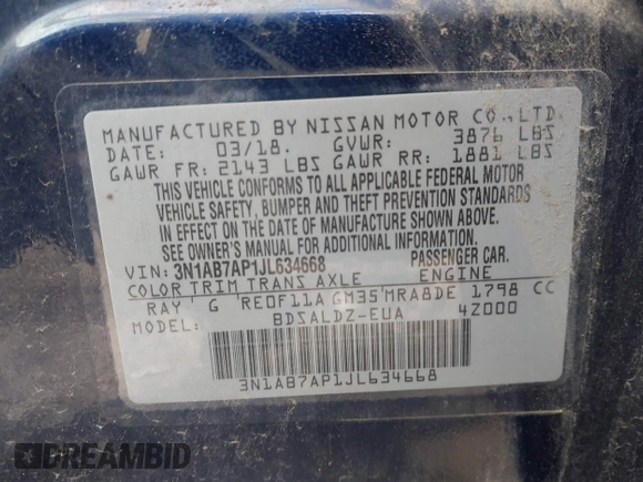 2018 Nissan Sentra SV with VIN 3N1AB7AP1JL634668, listed as a IAAI auction lot 42017714 with 81,410 mi miles. Bid and sale history available at carsss.com. Image 9.