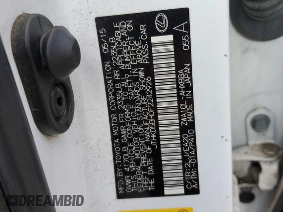 2015 Lexus CT 200h with VIN JTHKD5BH0F2242926, listed as a Copart auction lot 59048395 with 91,656 mi miles and Salvage title. Bid and sale history available at DreamBid. Image 13.
