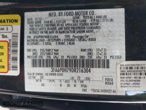 2013 Ford Fusion SE with VIN 3FA6P0H79DR216304, listed as a IAAI auction lot 41593482 with 125,480 mi miles. Bid and sale history available at carsss.com. Image 9.