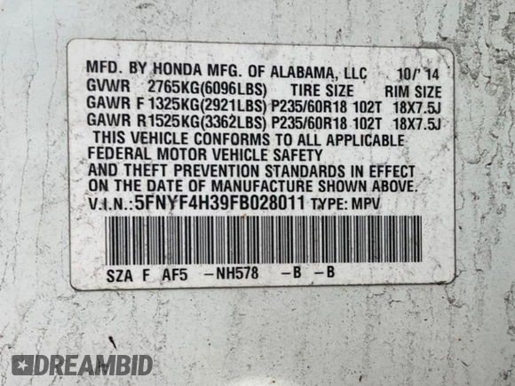 2015 Honda Pilot SE with VIN 5FNYF4H39FB028011, listed as a Copart auction lot 55280155 with 202,846 mi miles and Clean Title. Bid and sale history available at carsss.com. Image 10.