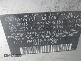 2016 Hyundai Azera Limited with VIN KMHFH4JGXGA508661, listed as a IAAI auction lot 42522492 with 188,700 mi miles and . Bid and sale history available at DreamBid. Image 9.