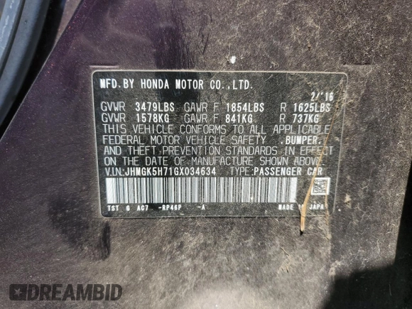 2016 Honda Fit EX with VIN JHMGK5H71GX034634, listed as a Copart auction lot 60495315 with Not provided miles and Salvage title. Bid and sale history available at DreamBid. Image 12.