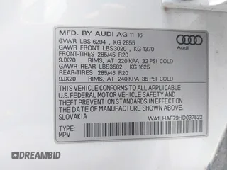 2017 Audi Q7 Premium Plus with VIN WA1LHAF79HD037532, listed as a IAAI auction lot 42549373 with 50,076 mi miles and . Bid and sale history available at DreamBid. Image 9.