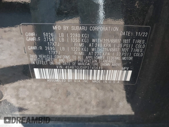 2023 Subaru Outback Wilderness with VIN 4S4BTGUDXP3145640, listed as a IAAI auction lot 41453950 with 19,315 mi miles and . Bid and sale history available at DreamBid. Image 9.