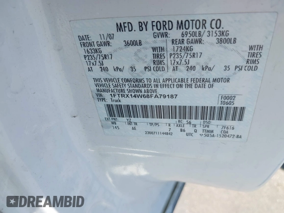 2008 Ford F-150 STX with VIN 1FTRX14W68FA79187, listed as a IAAI auction lot 42490805 with 160,331 mi miles and . Bid and sale history available at DreamBid. Image 9.