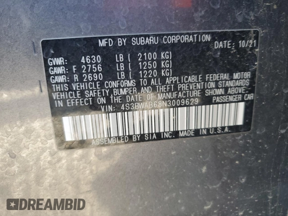 2022 Subaru Legacy with VIN 4S3BWAB68N3009629, listed as a Copart auction lot 68450574 with 22,245 mi miles and Salvage title. Bid and sale history available at DreamBid. Image 14.