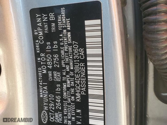 2011 Hyundai Genesis with VIN KMHGC4DE3BU130607, listed as a Copart auction lot 88010295 with 60,396 mi miles and Salvage Title. Bid and sale history available at carsss.com. Image 12.