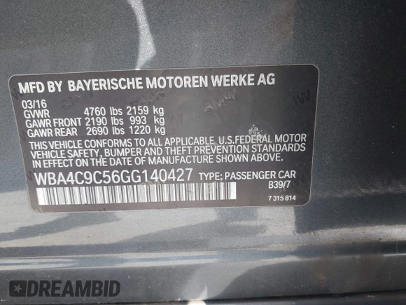 2016 BMW 4 Series 428i xDrive with VIN WBA4C9C56GG140427, listed as a IAAI auction lot 41886670 with 94,426 mi miles and . Bid and sale history available at carsss.com. Image 9.