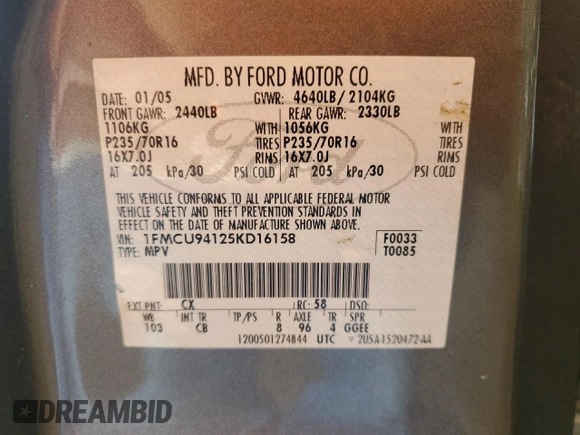 2005 Ford Escape Limited with VIN 1FMCU94125KD16158, listed as a Copart auction lot 62186025 with 213,370 mi miles and Salvage title. Bid and sale history available at DreamBid. Image 13.