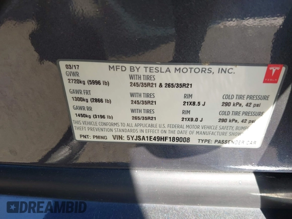 2017 Tesla Model S 100D with VIN 5YJSA1E49HF189008, listed as a IAAI auction lot 42051518 with 49,145 mi miles and . Bid and sale history available at DreamBid. Image 9.