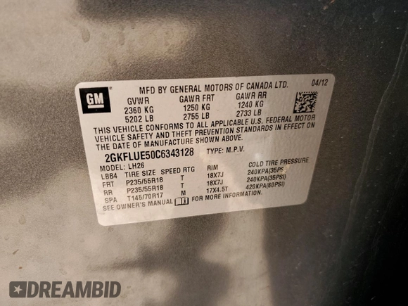 2012 GMC Terrain SLT-1 with VIN 2GKFLUE50C6343128, listed as a Copart auction lot 59890975 with 115,750 mi miles and Clean title. Bid and sale history available at DreamBid. Image 13.