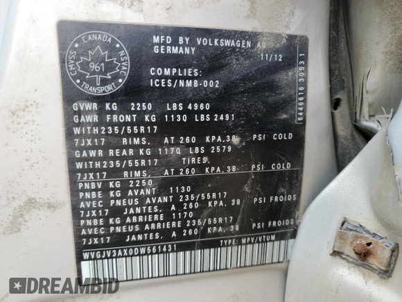 2013 Volkswagen Tiguan S with VIN WVGJV3AX0DW561431, listed as a Copart auction lot 55918795 with 246,907 mi miles and Salvage title. Bid and sale history available at DreamBid. Image 12.