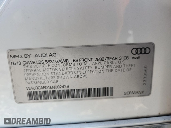 2014 Audi A8 3.0T with VIN WAURGAFD1EN002429, listed as a Copart auction lot 63762475 with 140,884 mi miles and Clean title. Bid and sale history available at DreamBid. Image 13.