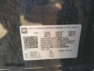 2022 GMC Terrain SLE with VIN 3GKALMEV6NL203500, listed as a Copart auction lot 62190195 with 61,375 mi miles and Salvage title. Bid and sale history available at DreamBid. Image 13.