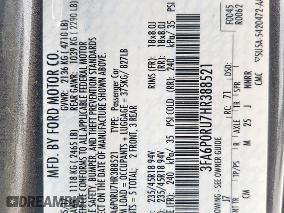 2017 Ford Fusion Hybrid Titanium with VIN 3FA6P0RU7HR388521, listed as a Copart auction lot 57318895 with 117,720 mi miles and Salvage title. Bid and sale history available at DreamBid. Image 12.
