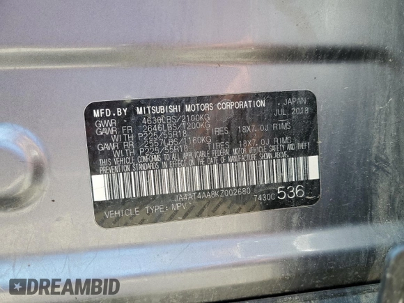 2019 Mitsubishi Eclipse Cross LE with VIN JA4AT4AA8KZ002680, listed as a Copart auction lot 68552234 with 113,551 mi miles and Salvage title. Bid and sale history available at DreamBid. Image 13.