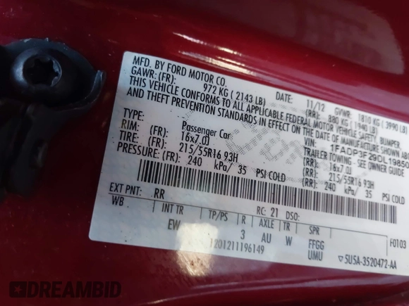 2013 Ford Focus SE with VIN 1FADP3F29DL198501, listed as a IAAI auction lot 41208674 with 45,509 mi miles and . Bid and sale history available at DreamBid. Image 9.