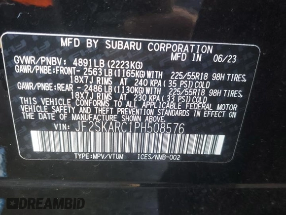 2023 Subaru Forester Touring with VIN JF2SKARC1PH508576, listed as a Copart auction lot 88640985 with 18,452 mi miles and Salvage Title. Bid and sale history available at carsss.com. Image 14.