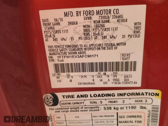 2010 Ford F-150 XL с VIN 1FTFW1EV3AFC90171, выставлен на аукционе Copart как лот 59862435 с пробегом Не указан миль и На запчасти • Non repairable. История ставок и продаж доступна на DreamBid. Изображение 12.