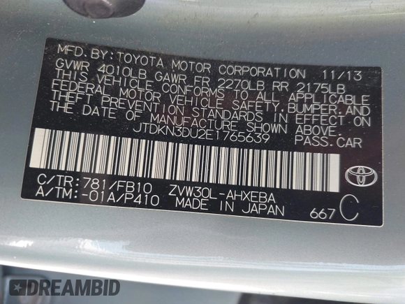 2014 Toyota Prius Four with VIN JTDKN3DU2E1765639, listed as a IAAI auction lot 42433480 with 97,083 mi miles and . Bid and sale history available at DreamBid. Image 9.