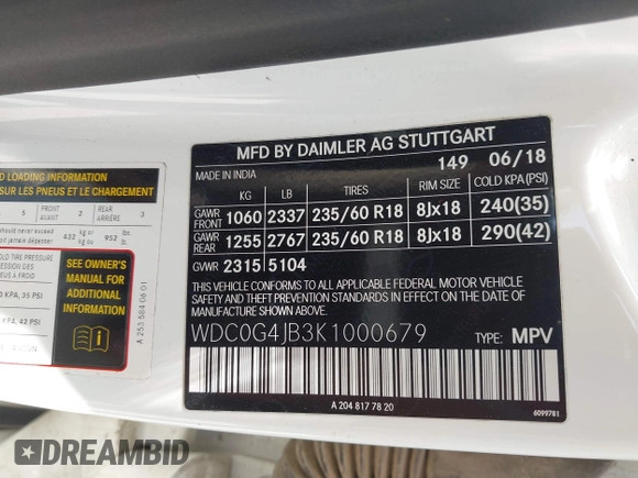 2019 Mercedes-Benz GLC 300 with VIN WDC0G4JB3K1000679, listed as a IAAI auction lot 42221925 with 91,005 mi miles and . Bid and sale history available at DreamBid. Image 9.