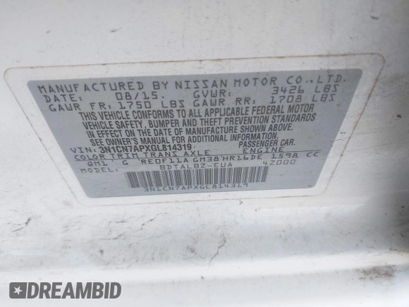 2016 Nissan Versa S with VIN 3N1CN7APXGL814319, listed as a IAAI auction lot 42399166 with 150,092 mi miles and . Bid and sale history available at DreamBid. Image 9.