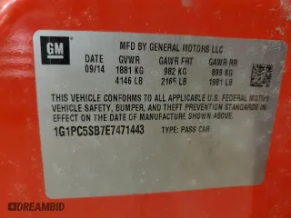 2014 Chevrolet Cruze 1LT with VIN 1G1PC5SB7E7471443, listed as a Copart auction lot 50408205 with 123,256 mi miles and Salvage Title. Bid and sale history available at carsss.com. Image 13.
