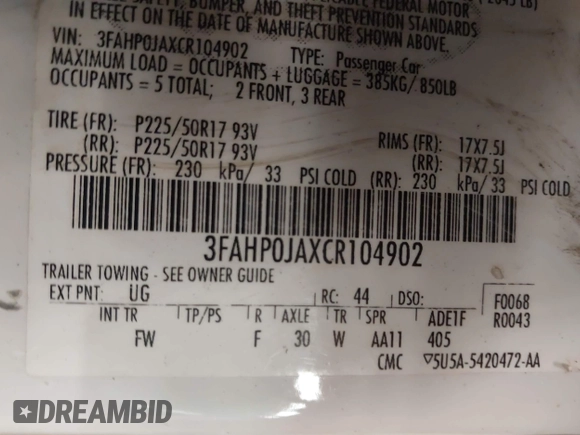 2012 Ford Fusion SEL z VIN 3FAHP0JAXCR104902, wystawiony jako IAAI lot #42471136 z przebiegiem 186 468 mil mil oraz . Historia ofert i sprzedaży dostępna na DreamBid. Obrazek 9.