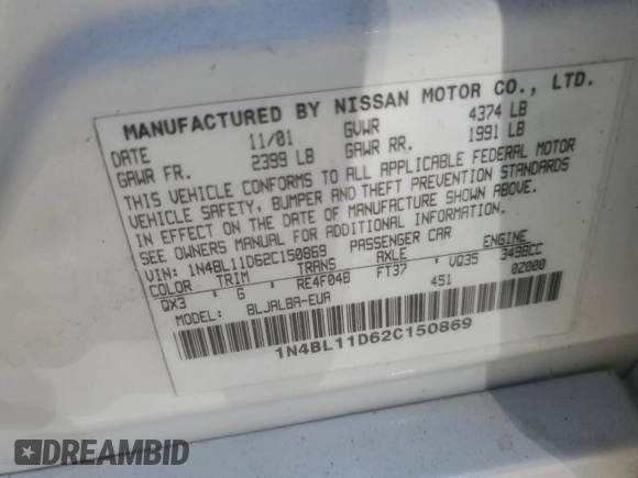 2002 Nissan Altima SE with VIN 1N4BL11D62C150869, listed as a Copart auction lot 64112204 with 174,888 mi miles and Salvage Title. Bid and sale history available at carsss.com. Image 12.