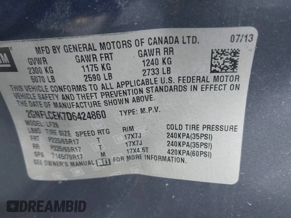2013 Chevrolet Equinox LS z VIN 2GNFLCEK7D6424860, wystawiony jako IAAI lot #41929922 z przebiegiem 113 675 mil mil oraz . Historia ofert i sprzedaży dostępna na DreamBid. Obrazek 9.