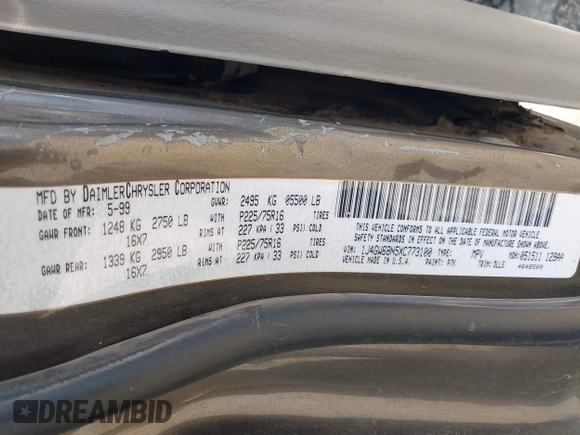 1999 Jeep Grand Cherokee Limited with VIN 1J4GW68N5XC773100, listed as a IAAI auction lot 41998432 with Not provided miles and . Bid and sale history available at DreamBid. Image 9.