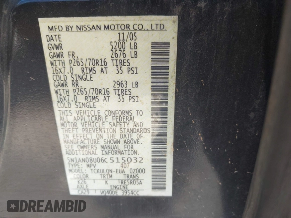 2006 Nissan Xterra SE with VIN 5N1AN08U06C515032, listed as a IAAI auction lot 41740379 with 140,393 mi miles and . Bid and sale history available at DreamBid. Image 9.