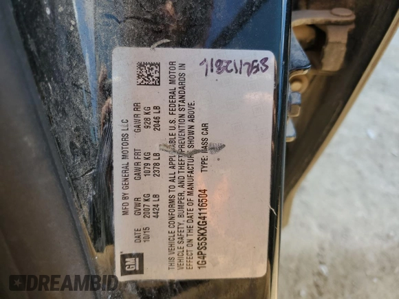 2016 Buick Verano Group with VIN 1G4PS5SKXG4116504, listed as a Copart auction lot 45794735 with 216,983 mi miles and Clean title. Bid and sale history available at DreamBid. Image 12.