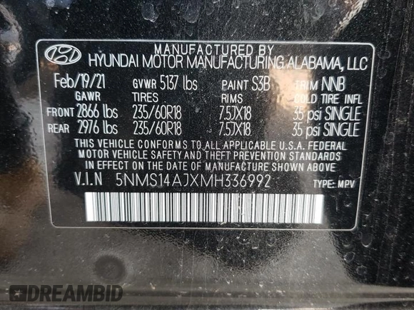 2021 Hyundai Santa Fe SE with VIN 5NMS14AJXMH336992, listed as a Copart auction lot 48776205 with 43,217 mi miles and Salvage Title. Bid and sale history available at carsss.com. Image 13.