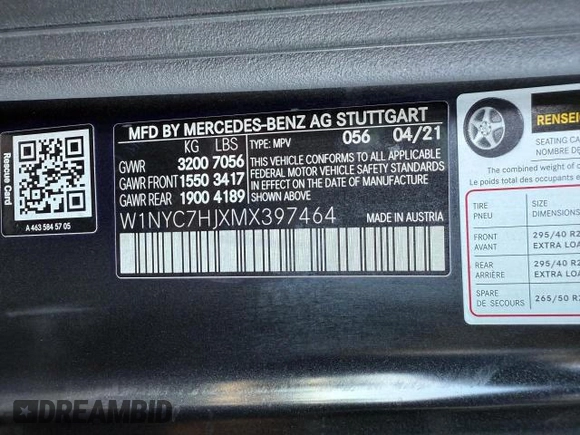 2021 Mercedes-Benz G 63 AMG with VIN W1NYC7HJXMX397464, listed as a Copart auction lot 76418314 with 19,811 mi miles and Salvage Title. Bid and sale history available at DreamBid. Image 10.