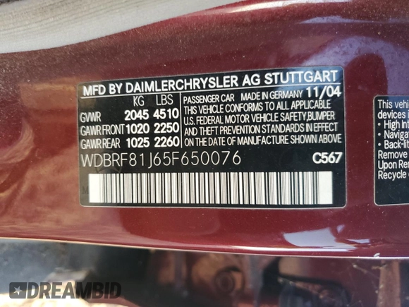 2005 Mercedes-Benz C 240 with VIN WDBRF81J65F650076, listed as a Copart auction lot 78183054 with Not Provided miles and Salvage Title. Bid and sale history available at DreamBid. Image 12.