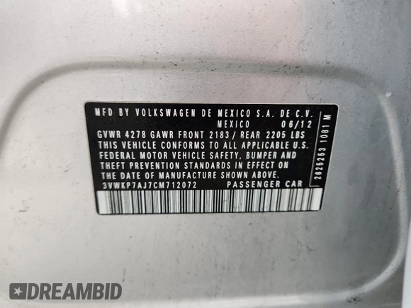 2012 Volkswagen Jetta S with VIN 3VWKP7AJ7CM712072, listed as a Copart auction lot 58698225 with 181,748 mi miles and Salvage title. Bid and sale history available at DreamBid. Image 12.