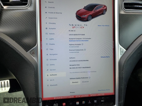 2015 Tesla Model S 85D with VIN 5YJSA1E47FF113946, listed as a Copart auction lot 52755675 with 81,344 mi miles and Salvage Title. Bid and sale history available at carsss.com. Image 9.