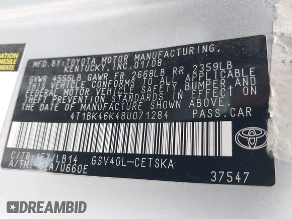 2008 Toyota Camry LE with VIN 4T1BK46K48U071284, listed as a IAAI auction lot 41920915 with 235,474 mi miles. Bid and sale history available at carsss.com. Image 9.