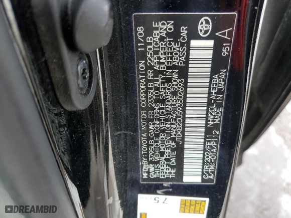 2009 Toyota Prius with VIN JTDKB20U593502693, listed as a Copart auction lot 45482195 with 102,254 mi miles and Salvage Title. Bid and sale history available at carsss.com. Image 12.