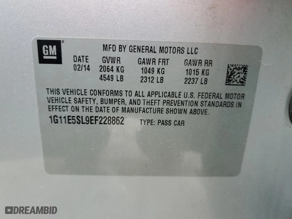 2014 Chevrolet Malibu LT with VIN 1G11E5SL9EF228862, listed as a Copart auction lot 47940925 with 88,145 mi miles and Clean Title. Bid and sale history available at carsss.com. Image 12.