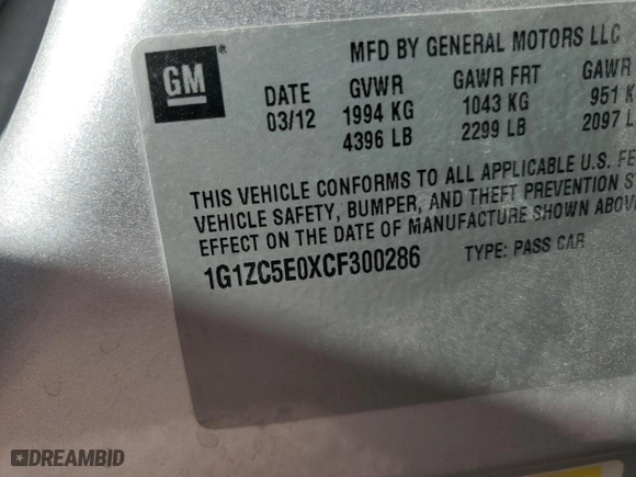 2012 Chevrolet Malibu LT w/1LT with VIN 1G1ZC5E0XCF300286, listed as a Copart auction lot 49931605 with 144,421 mi miles and Salvage Title. Bid and sale history available at carsss.com. Image 13.