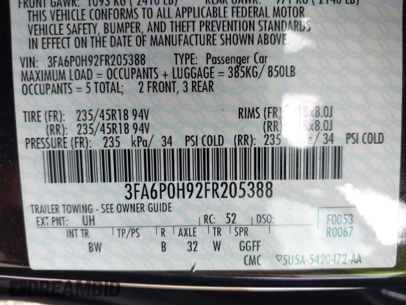 2015 Ford Fusion SE with VIN 3FA6P0H92FR205388, listed as a IAAI auction lot 41699606 with 69,597 mi miles. Bid and sale history available at carsss.com. Image 9.