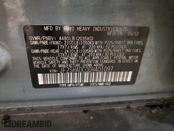 2013 Subaru Forester X Premium with VIN JF2SHADC0DH401097, listed as a Copart auction lot 57232315 with 154,336 mi miles and Salvage title. Bid and sale history available at DreamBid. Image 13.