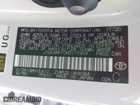2021 Toyota Prius LE with VIN JTDKAMFP2M3177459, listed as a IAAI auction lot 42093828 with 65,501 mi miles and . Bid and sale history available at DreamBid. Image 9.