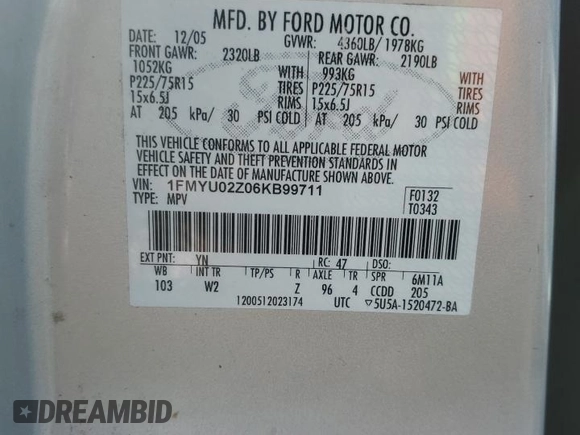 2006 Ford Escape XLS with VIN 1FMYU02Z06KB99711, listed as a Copart auction lot 53623165 with Not Provided miles and Salvage Title. Bid and sale history available at DreamBid. Image 13.