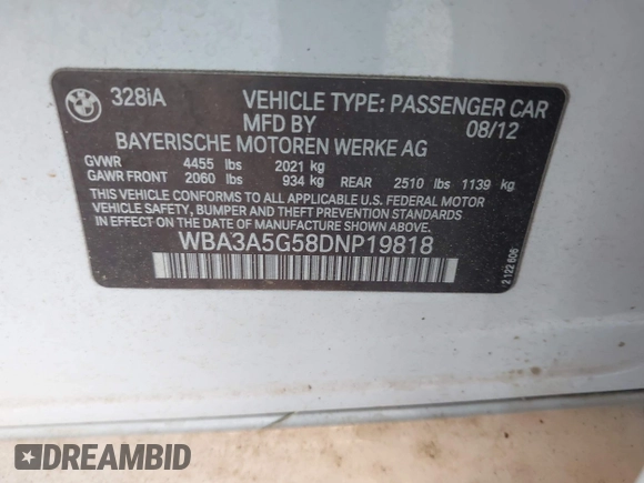 2013 BMW 3 Series 328i с VIN WBA3A5G58DNP19818, выставлен на аукционе IAAI как лот 42315026 с пробегом 133 510 миль миль и . История ставок и продаж доступна на DreamBid. Изображение 9.