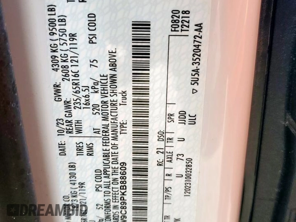 2023 Ford Transit Cargo with VIN 1FTBW9C89PKB88609, listed as a Copart auction lot 63399805 with 25,083 mi miles and Salvage title. Bid and sale history available at DreamBid. Image 13.