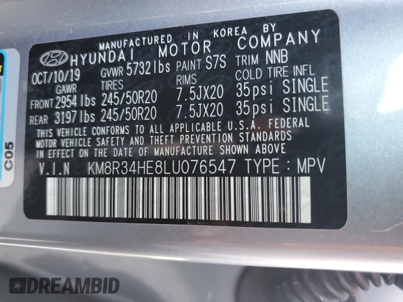 2020 Hyundai Palisade SEL with VIN KM8R34HE8LU076547, listed as a Copart auction lot 52803595 with 61,678 mi miles and Salvage title. Bid and sale history available at DreamBid. Image 13.