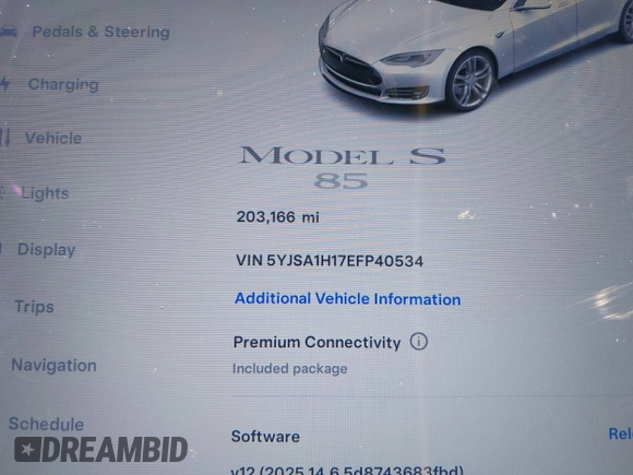 2014 Tesla Model S 60 с VIN 5YJSA1H17EFP40534, выставлен на аукционе IAAI как лот 42346697 с пробегом 203 166 миль миль и . История ставок и продаж доступна на DreamBid. Изображение 7.